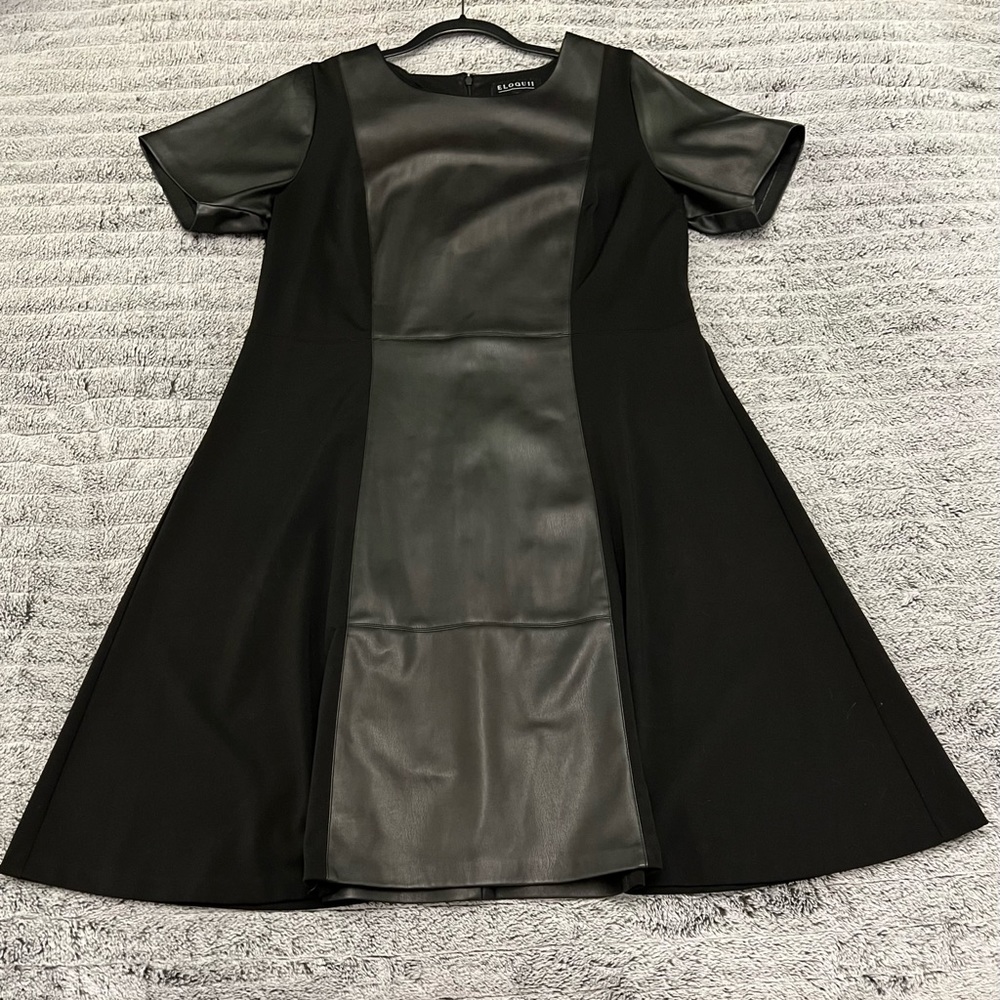 Eloquii | black faux leather and Ponte dress | fit and flare | jewel neck